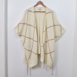 Crocheted Cape Shawl Cardigan Tassel Trim Cream and Pink OS